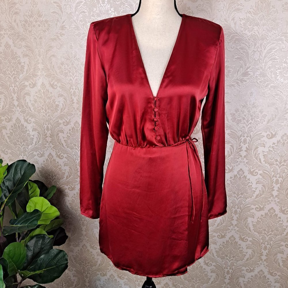 Zara Size Medium Red Satin Wrap Dress V-Neck Long Sleeve Button Details Holiday